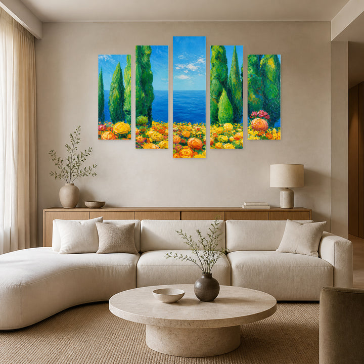 Colorful Landscape in Serene Light — five-panel wall art in frontal interior | 5wallart 55057 M3