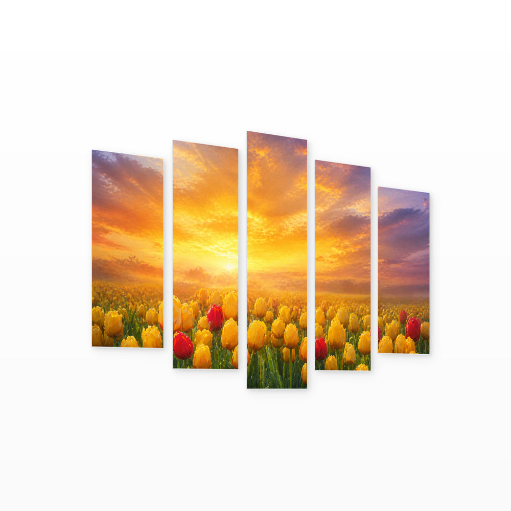 Of a Field with Yellow and Red Tulip — five-panel wall art on white background in perspective | 5wallart 55058 M1