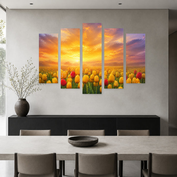 Of a Field with Yellow and Red Tulip — five-panel wall art in frontal interior | 5wallart 55058 M3