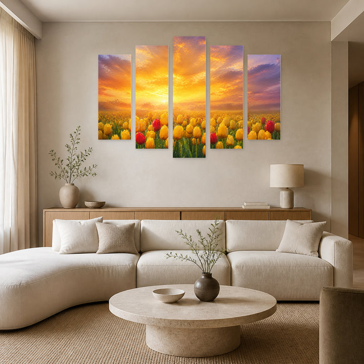 Of a Field with Yellow and Red Tulip — five-panel wall art in alternate frontal interior | 5wallart 55058 M4