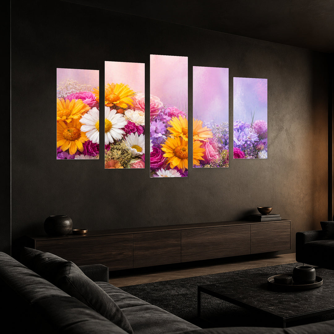 With Flowers in Vivid Color — five-panel wall art in perspective interior | 5wallart 55059 M2