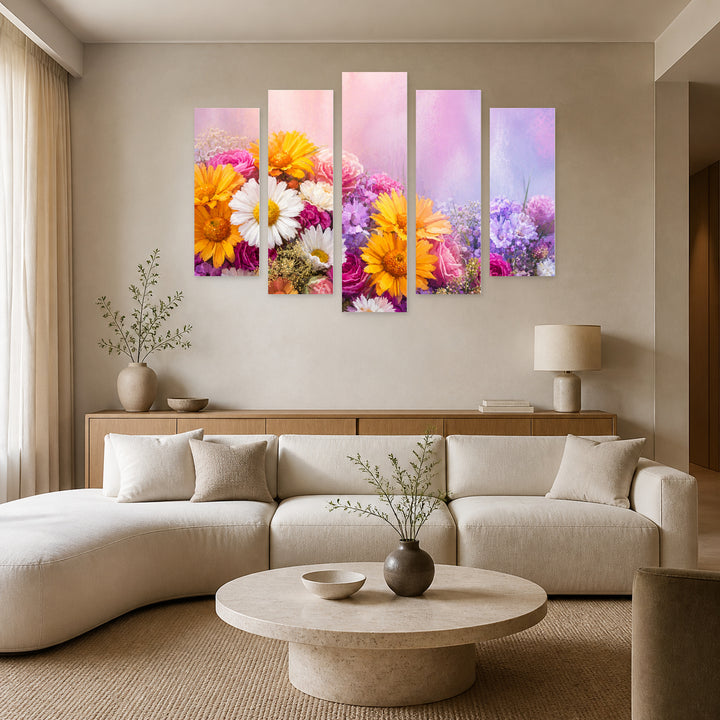 With Flowers in Vivid Color — five-panel wall art in frontal interior | 5wallart 55059 M3