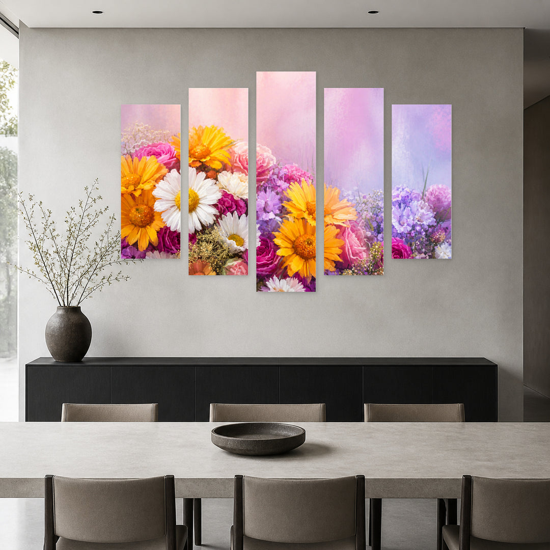 With Flowers in Vivid Color — five-panel wall art in alternate frontal interior | 5wallart 55059 M4