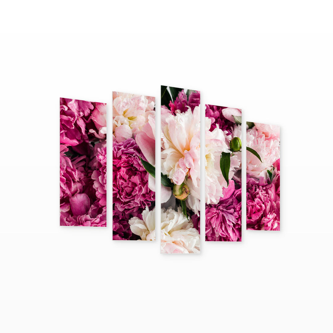 Pink Peonies with Geometric Rhythm — five-panel wall art on white background in perspective | 5wallart 55060 M1