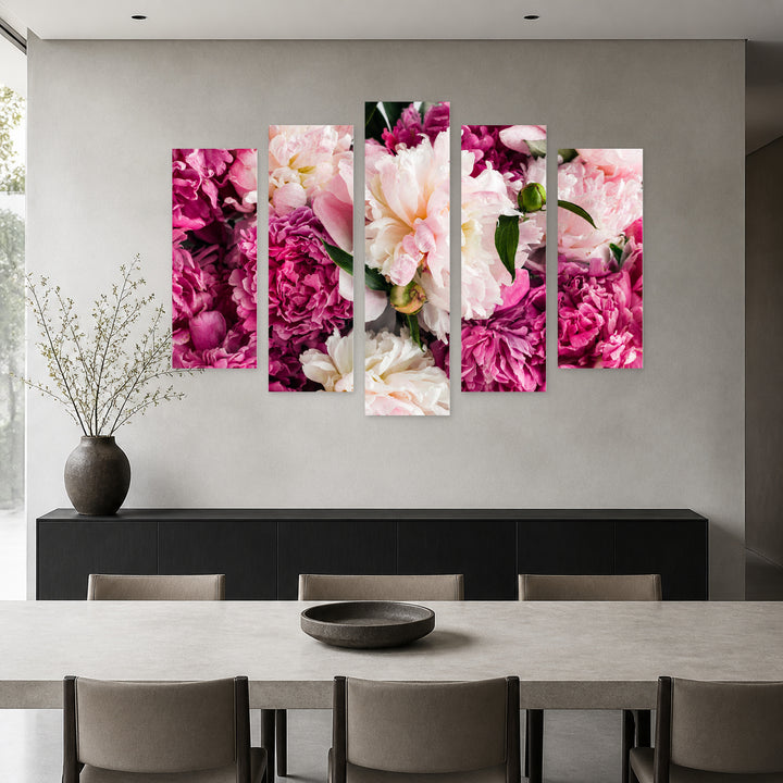 Pink Peonies with Geometric Rhythm — five-panel wall art in frontal interior | 5wallart 55060 M3