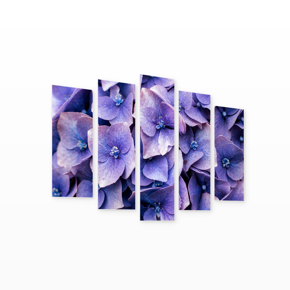 Purple Garden Flowers in Serene Light — five-panel wall art on white background in perspective | 5wallart 55061 M1