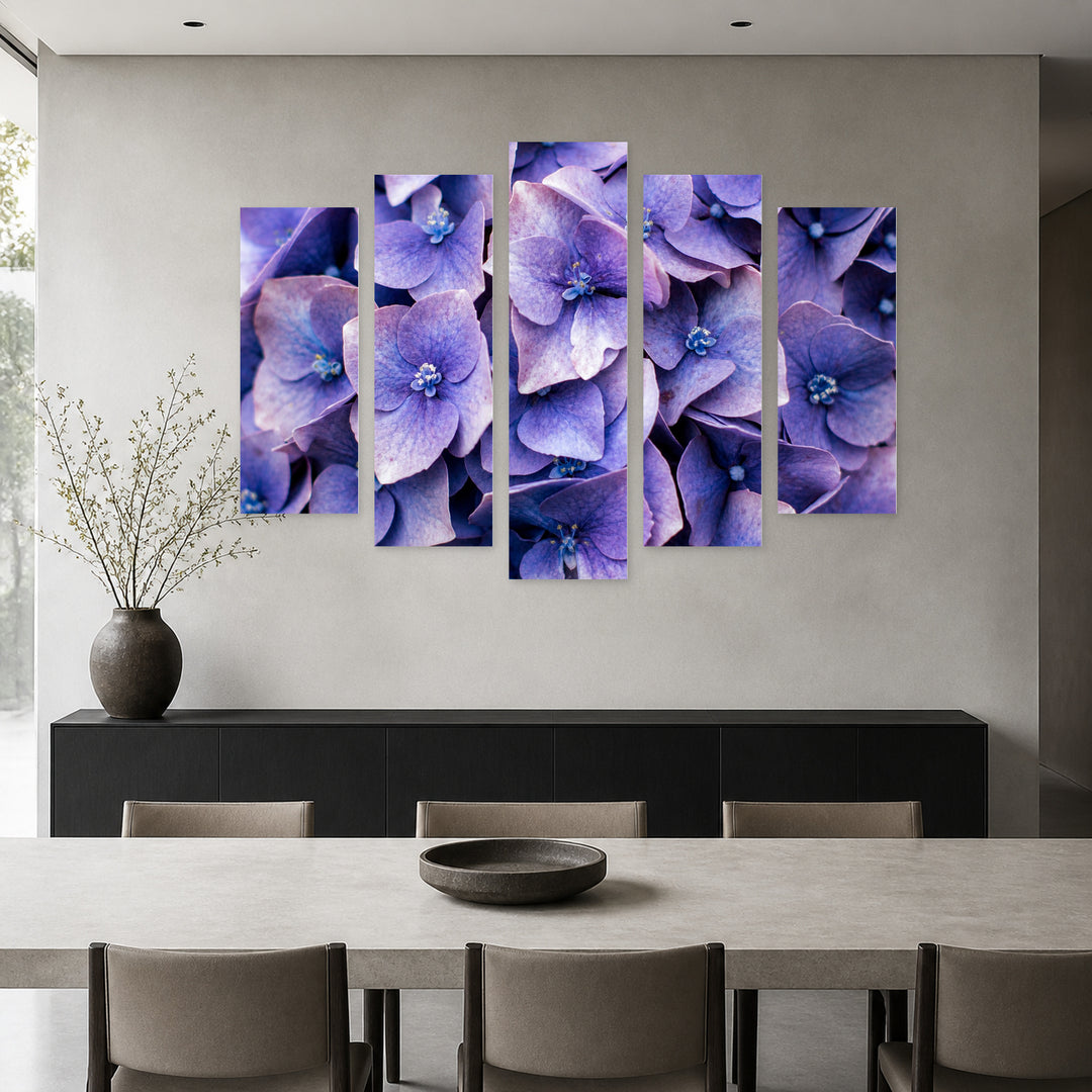 Purple Garden Flowers in Serene Light — five-panel wall art in alternate frontal interior | 5wallart 55061 M4