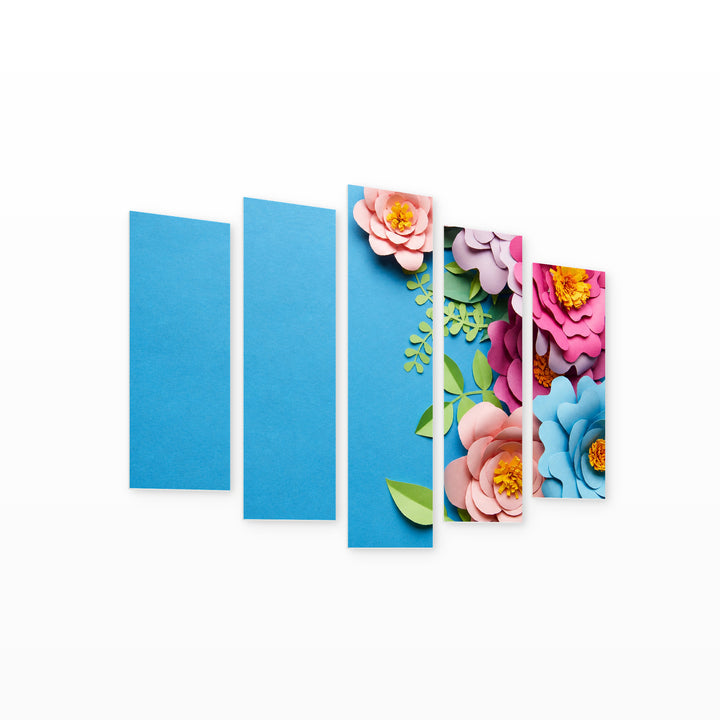 Abstract Paper Flowers with Geometric Rhythm — five-panel wall art on white background in perspective | 5wallart 55062 M1