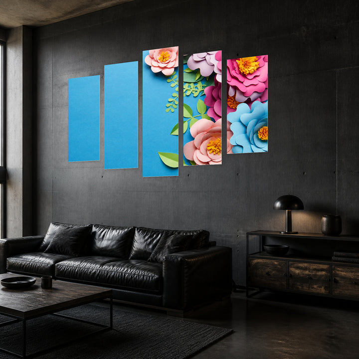 Abstract Paper Flowers with Geometric Rhythm — five-panel wall art in perspective interior | 5wallart 55062 M2