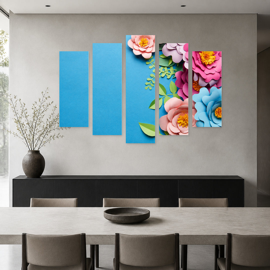 Abstract Paper Flowers with Geometric Rhythm — five-panel wall art in frontal interior | 5wallart 55062 M3