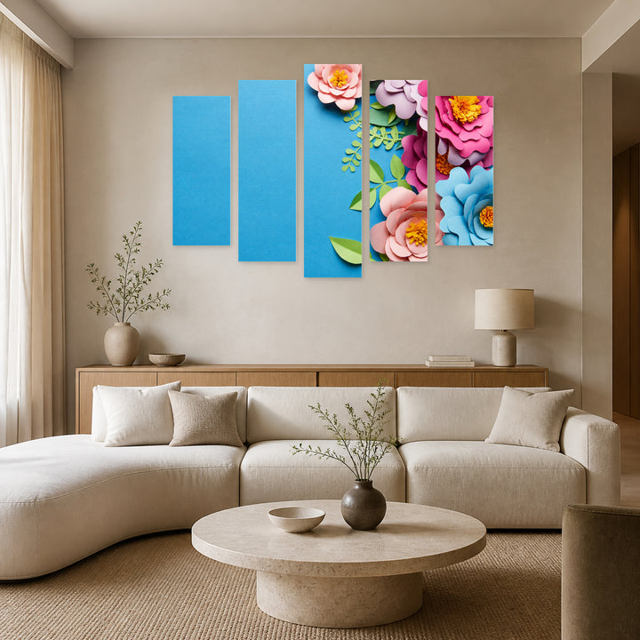 Abstract Paper Flowers with Geometric Rhythm — five-panel wall art in alternate frontal interior | 5wallart 55062 M4