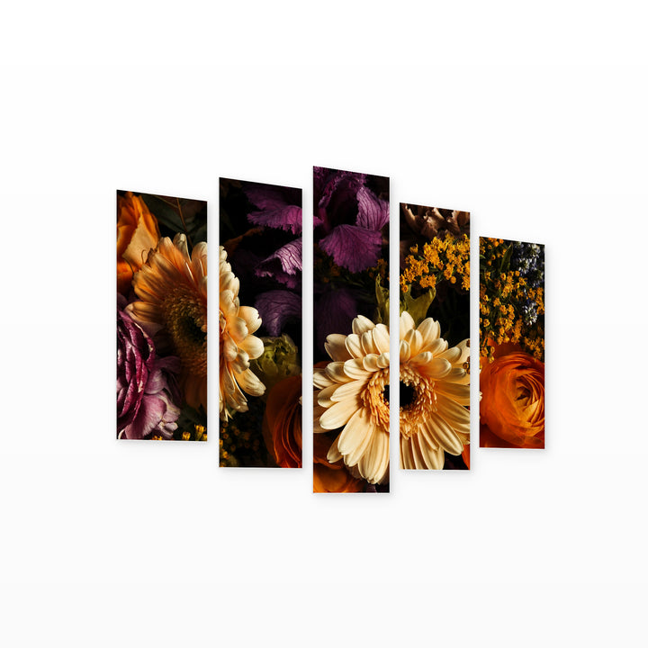 Bouquet of Various Flowers with Dramatic Contrast — five-panel wall art on white background in perspective | 5wallart 55063 M1