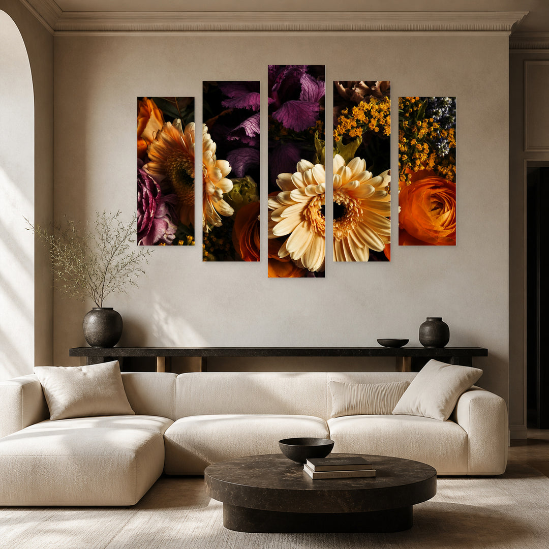 Bouquet of Various Flowers with Dramatic Contrast — five-panel wall art in frontal interior | 5wallart 55063 M3