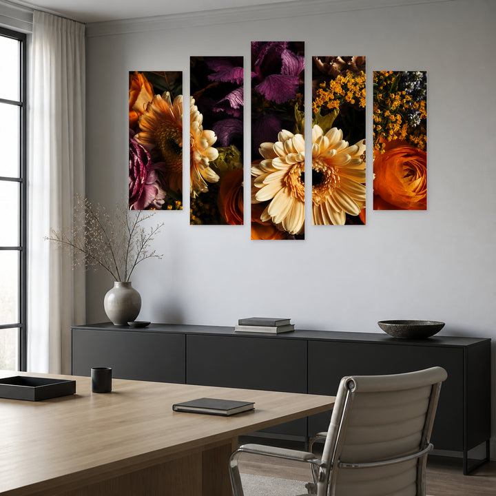 Bouquet of Various Flowers with Dramatic Contrast — five-panel wall art in alternate frontal interior | 5wallart 55063 M4