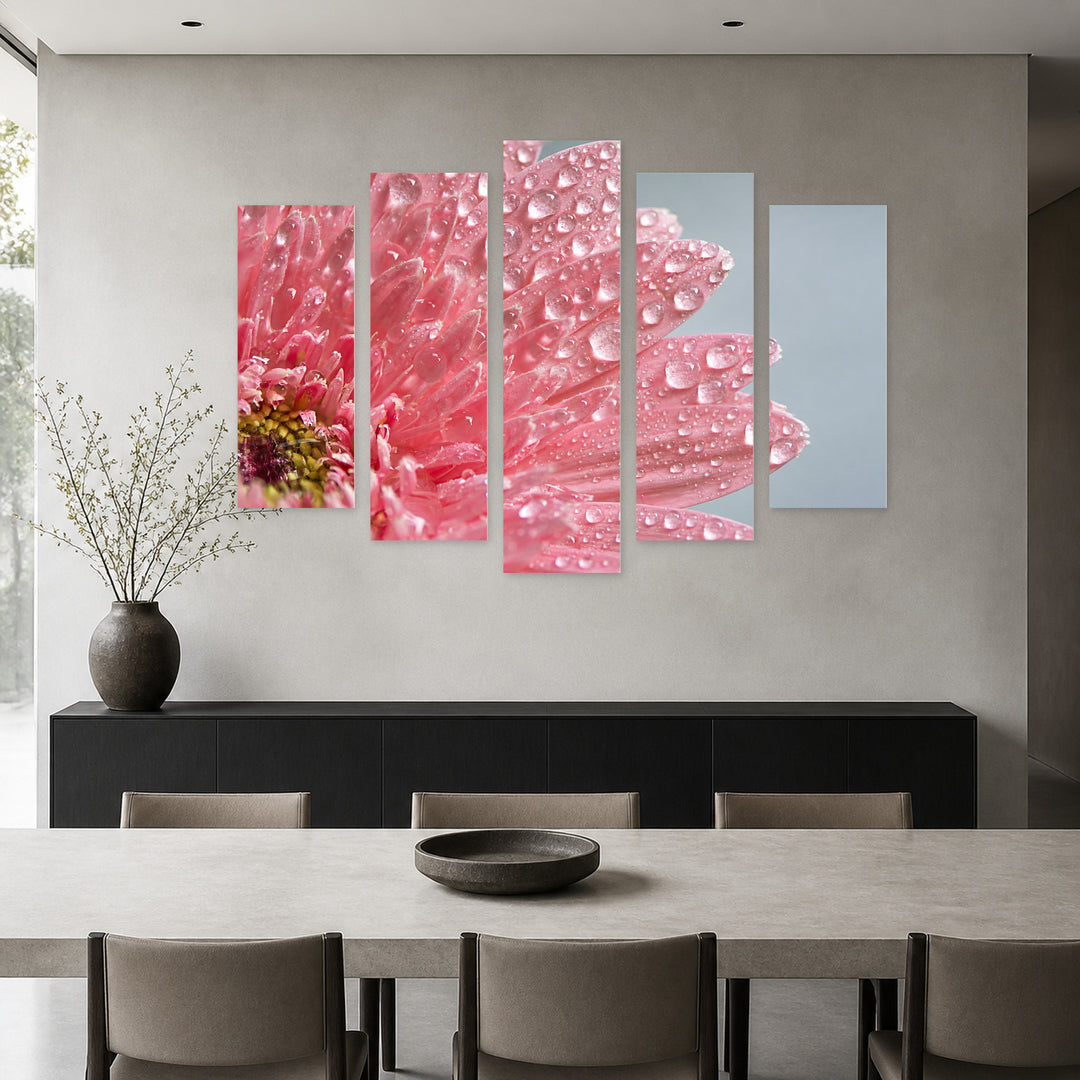 Pink Gerbera Leaves in Serene Light — five-panel wall art in frontal interior | 5wallart 55064 M3