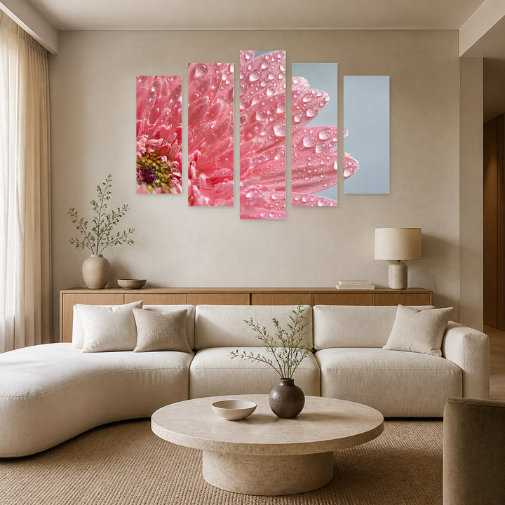 Pink Gerbera Leaves in Serene Light — five-panel wall art in alternate frontal interior | 5wallart 55064 M4