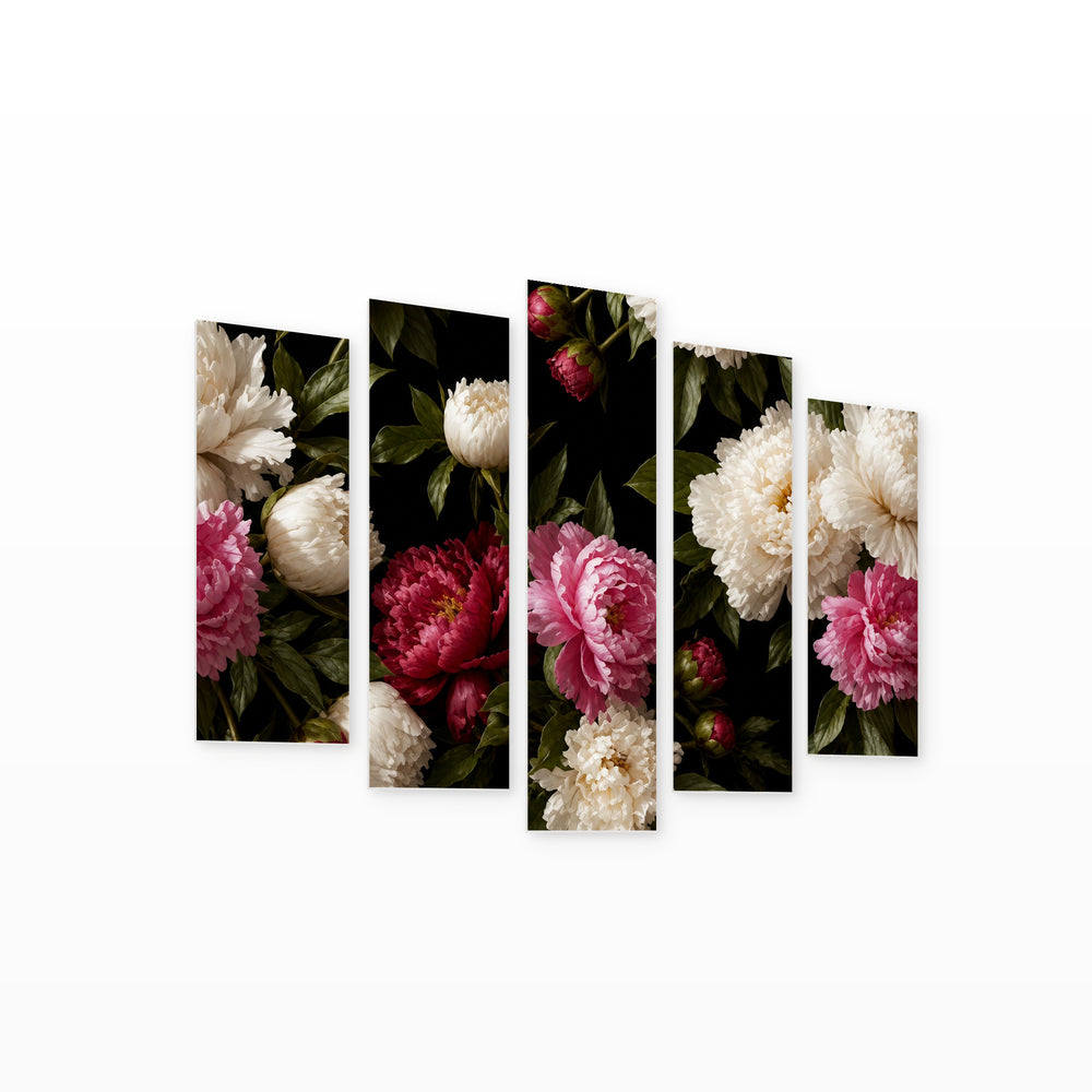 Colorful Peonies with Dreamlike Atmosphere — five-panel wall art on white background in perspective | 5wallart 55065 M1
