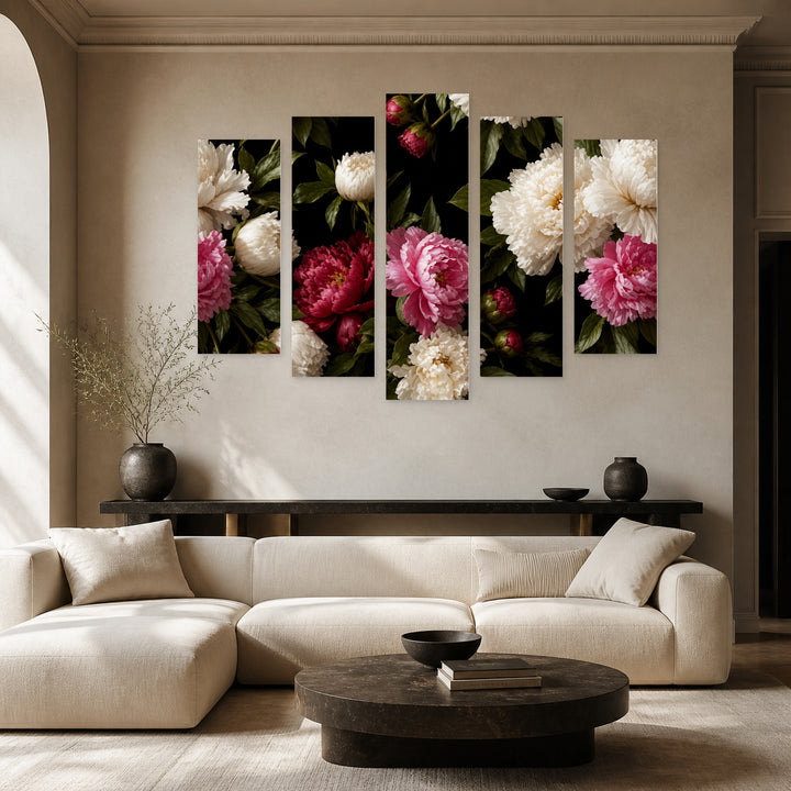 Colorful Peonies with Dreamlike Atmosphere — five-panel wall art in frontal interior | 5wallart 55065 M3