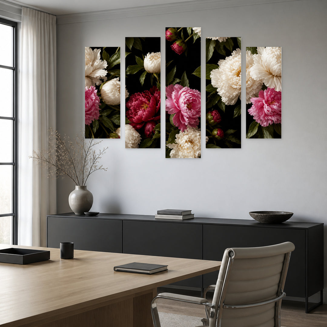 Colorful Peonies with Dreamlike Atmosphere — five-panel wall art in alternate frontal interior | 5wallart 55065 M4