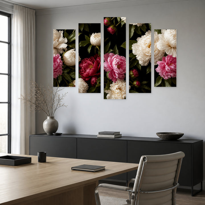 Colorful Peonies with Dreamlike Atmosphere — five-panel wall art in alternate frontal interior | 5wallart 55065 M4
