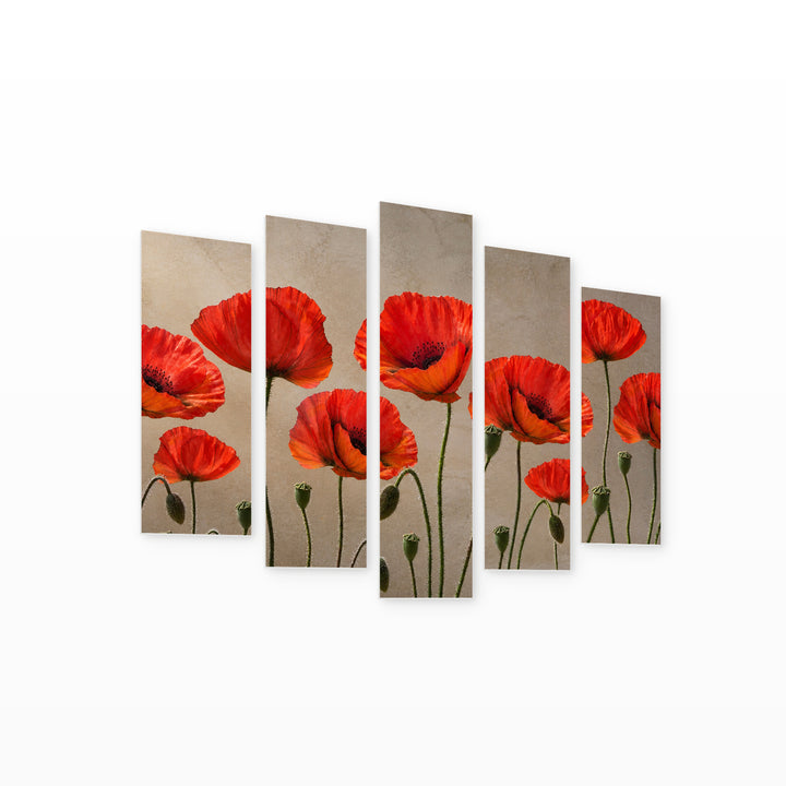 Poppies Botanical Study — five-panel wall art on white background in perspective | 5wallart 55066 M1