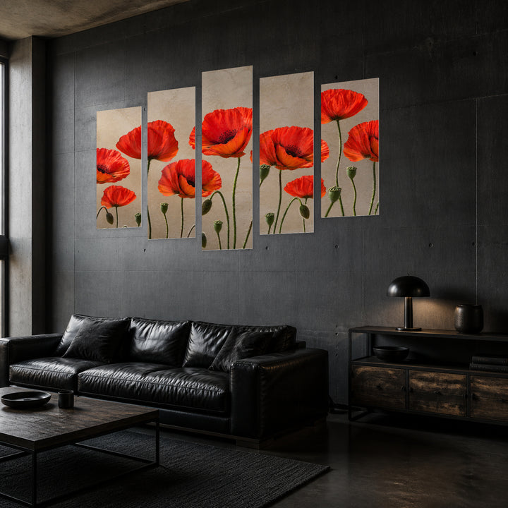 Poppies Botanical Study — five-panel wall art in perspective interior | 5wallart 55066 M2
