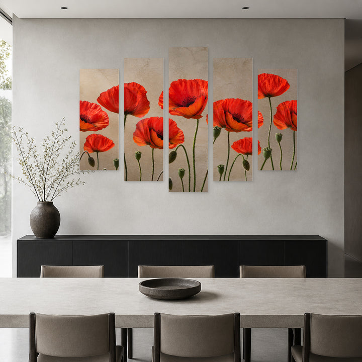 Poppies Botanical Study — five-panel wall art in frontal interior | 5wallart 55066 M3