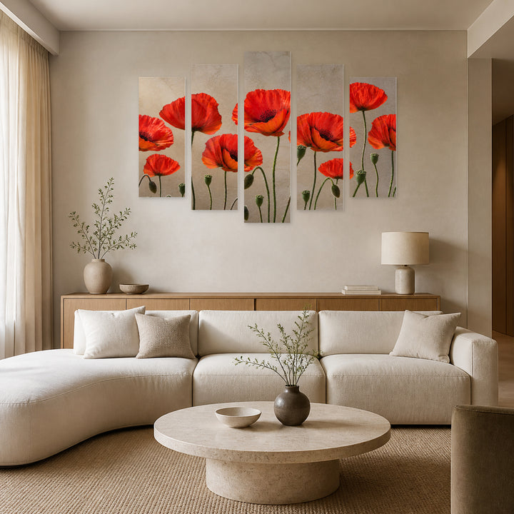 Poppies Botanical Study — five-panel wall art in alternate frontal interior | 5wallart 55066 M4