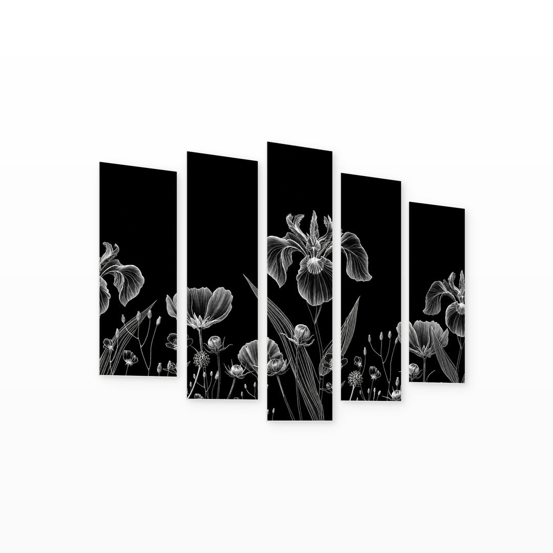 Abstract Poppies with Geometric Rhythm — five-panel wall art on white background in perspective | 5wallart 55067 M1