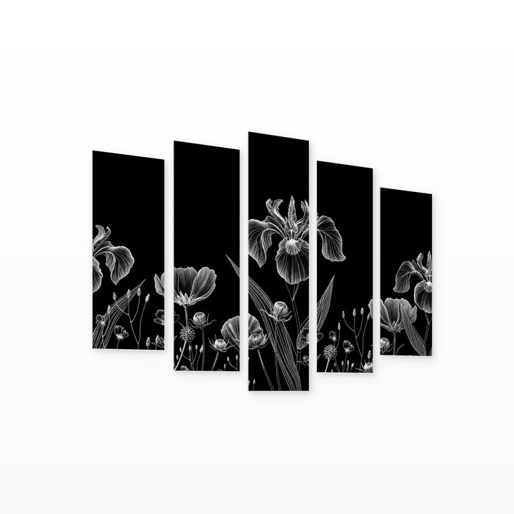 Abstract Poppies with Geometric Rhythm — five-panel wall art on white background in perspective | 5wallart 55067 M1