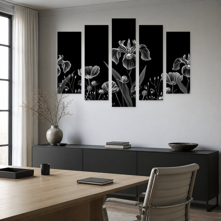 Abstract Poppies with Geometric Rhythm — five-panel wall art in alternate frontal interior | 5wallart 55067 M4