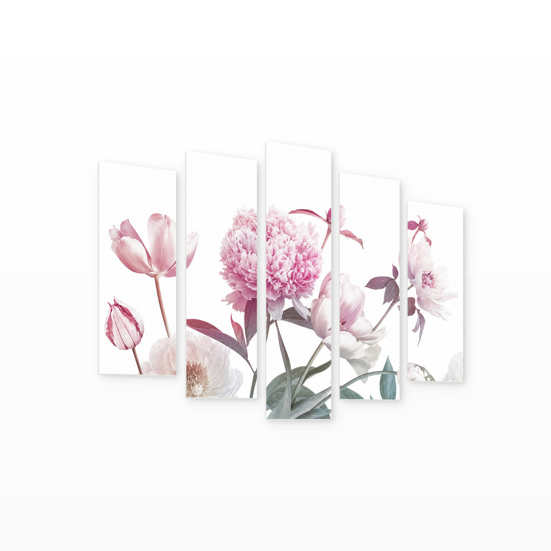 Vintage Blooming Flowers in Serene Light — five-panel wall art on white background in perspective | 5wallart 55068 M1
