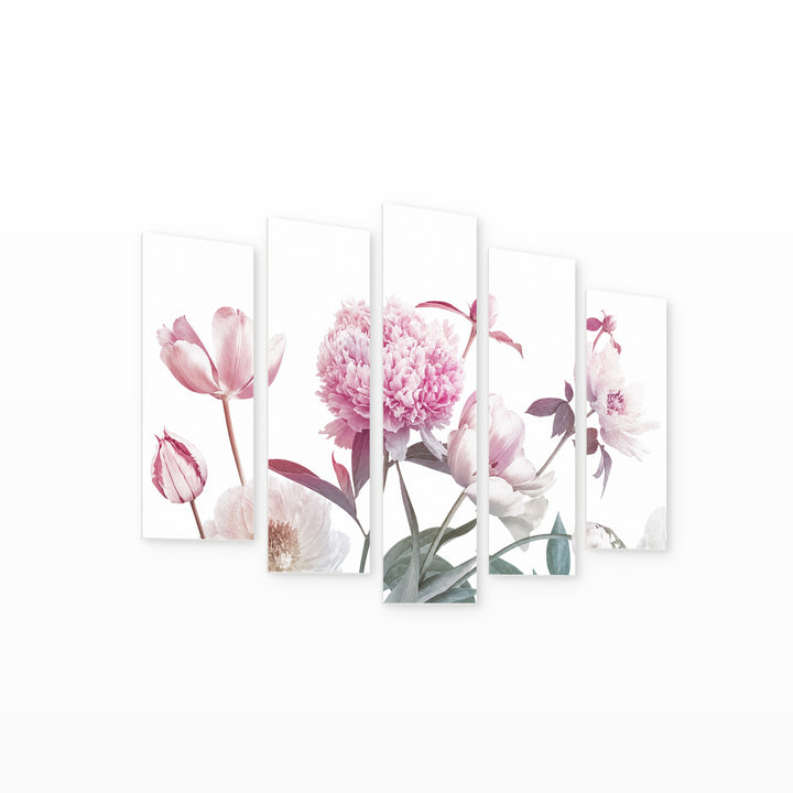 Vintage Blooming Flowers in Serene Light — five-panel wall art on white background in perspective | 5wallart 55068 M1