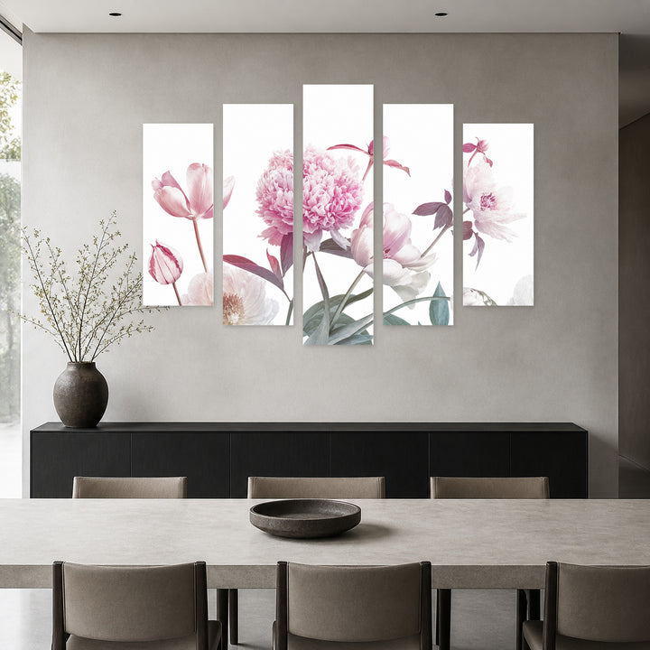 Vintage Blooming Flowers in Serene Light — five-panel wall art in frontal interior | 5wallart 55068 M3