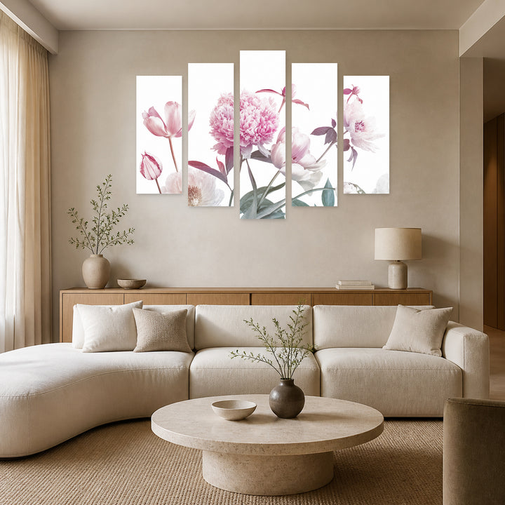Vintage Blooming Flowers in Serene Light — five-panel wall art in alternate frontal interior | 5wallart 55068 M4