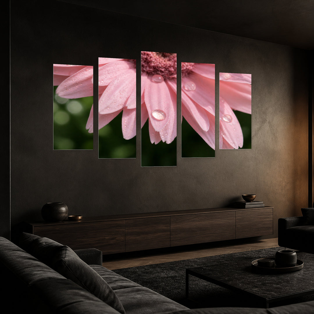 Delicate Pink Petals with Geometric Rhythm — five-panel wall art in perspective interior | 5wallart 55069 M2