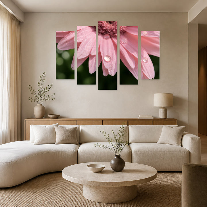 Delicate Pink Petals with Geometric Rhythm — five-panel wall art in frontal interior | 5wallart 55069 M3