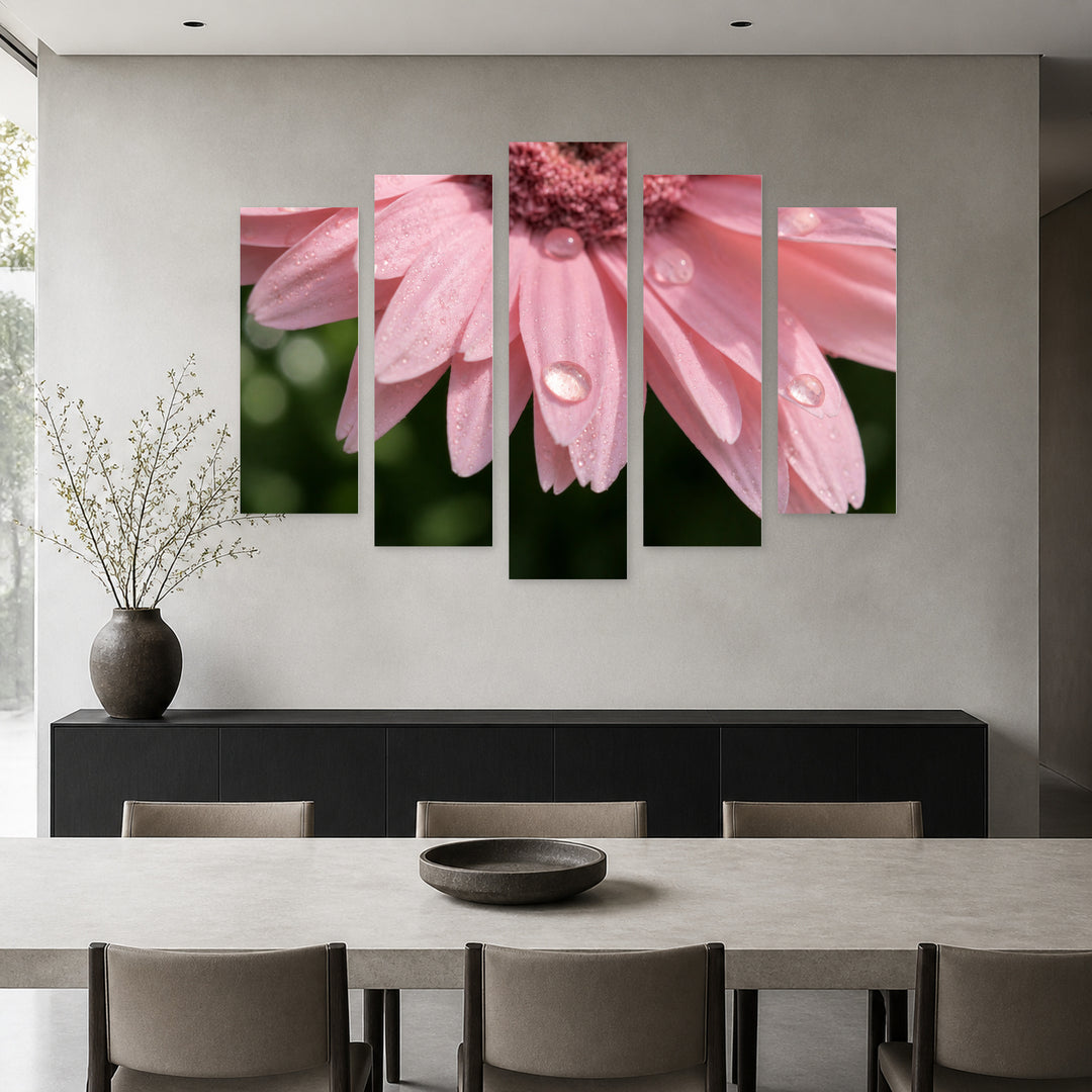Delicate Pink Petals with Geometric Rhythm — five-panel wall art in alternate frontal interior | 5wallart 55069 M4