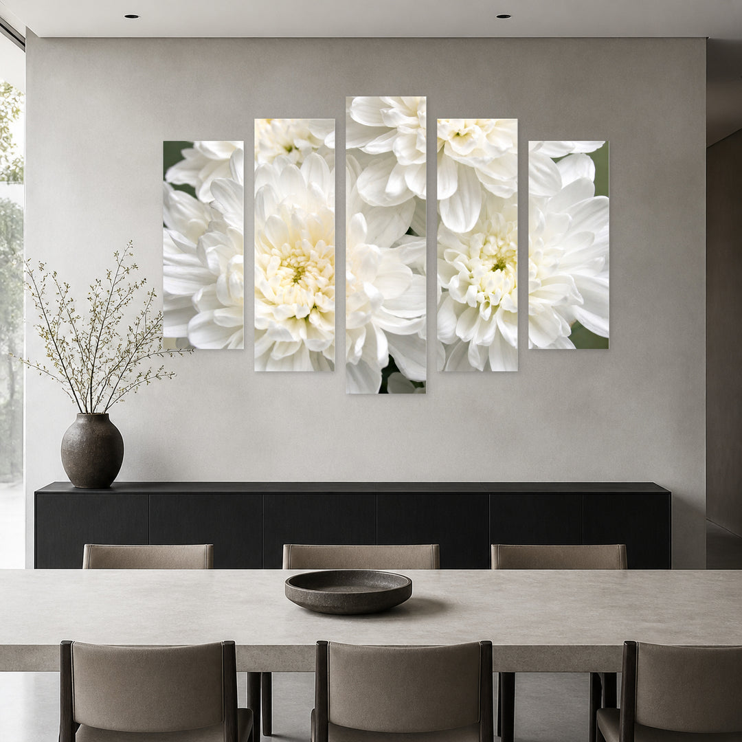 White Flowers (close-up) in Winter — five-panel wall art in frontal interior | 5wallart 55070 M3
