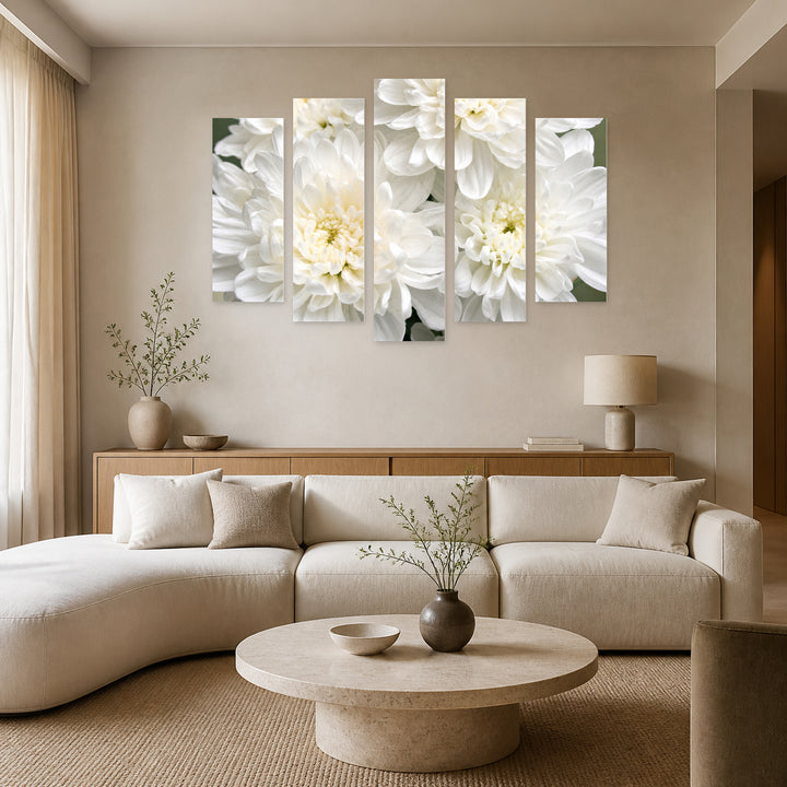 White Flowers (close-up) in Winter — five-panel wall art in alternate frontal interior | 5wallart 55070 M4