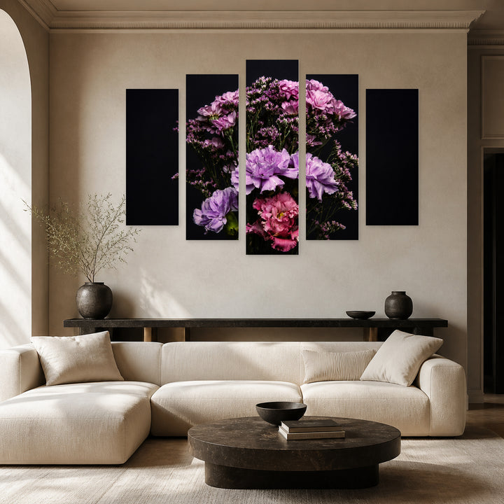 Bouquet of Delicate Flowers with Geometric Rhythm — five-panel wall art in frontal interior | 5wallart 55071 M3