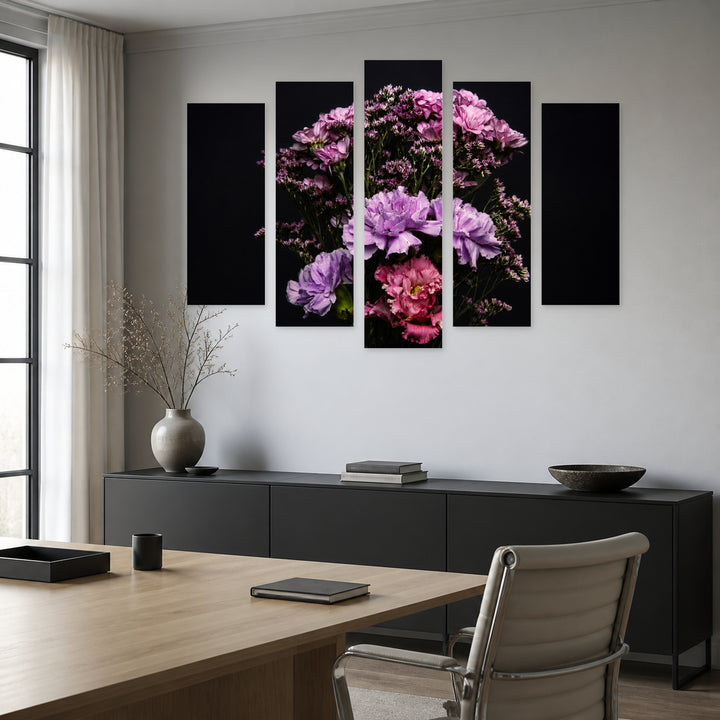 Bouquet of Delicate Flowers with Geometric Rhythm — five-panel wall art in alternate frontal interior | 5wallart 55071 M4