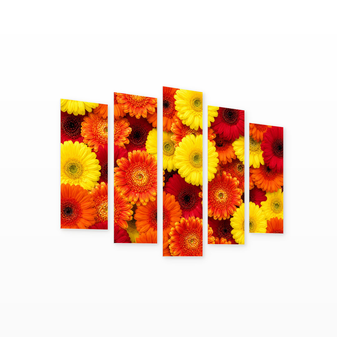 Colorful Daisies in Winter — five-panel wall art on white background in perspective | 5wallart 55072 M1