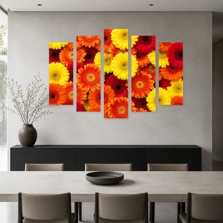 Colorful Daisies in Winter — five-panel wall art in frontal interior | 5wallart 55072 M3