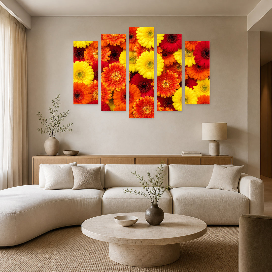 Colorful Daisies in Winter — five-panel wall art in alternate frontal interior | 5wallart 55072 M4