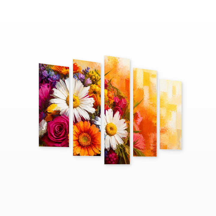 Abstract Flowers with Oil Paints with Geometric Rhythm — five-panel wall art on white background in perspective | 5wallart 55073 M1
