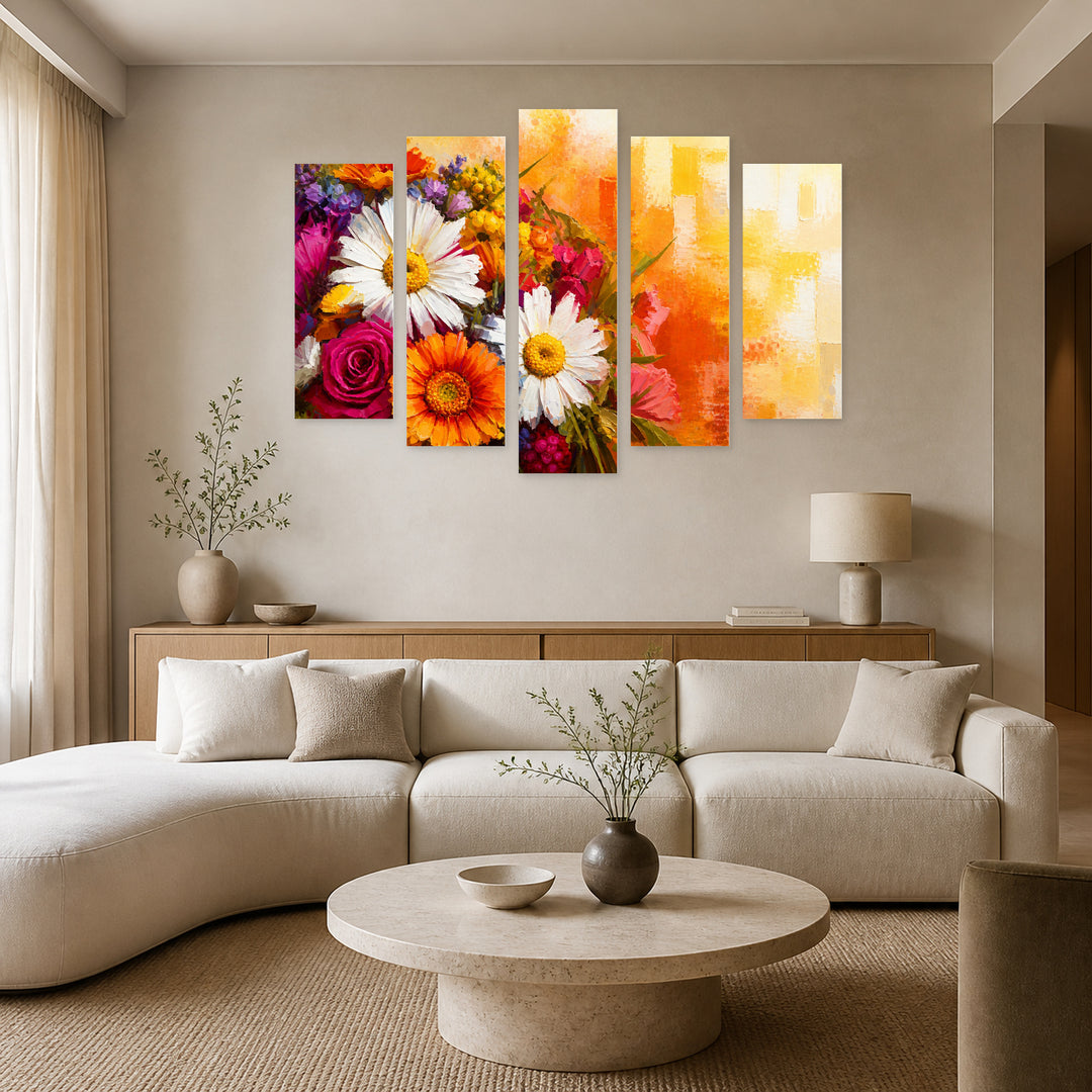 Abstract Flowers with Oil Paints with Geometric Rhythm — five-panel wall art in frontal interior | 5wallart 55073 M3