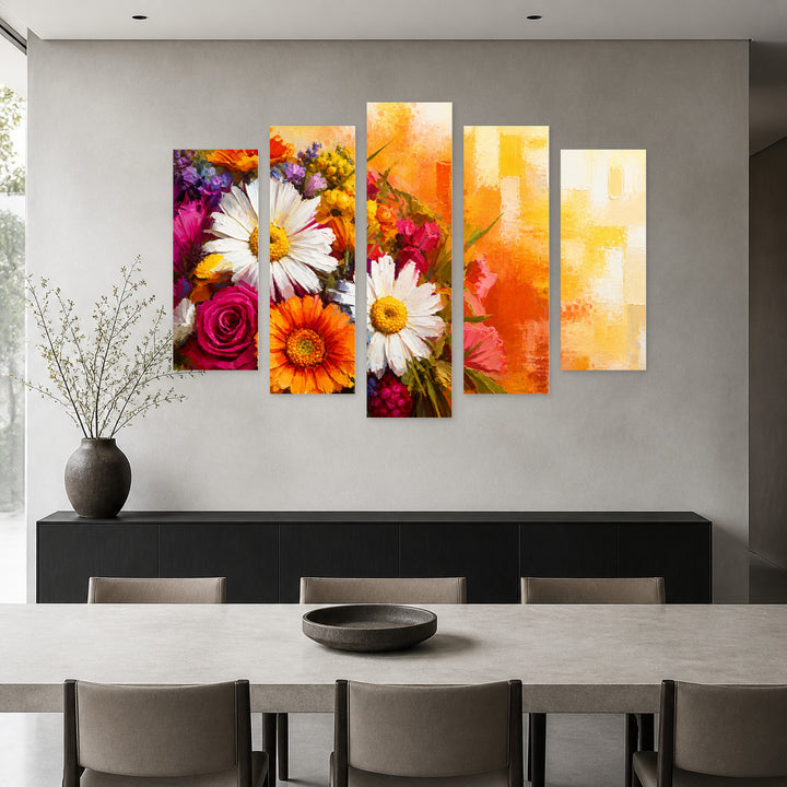 Abstract Flowers with Oil Paints with Geometric Rhythm — five-panel wall art in alternate frontal interior | 5wallart 55073 M4