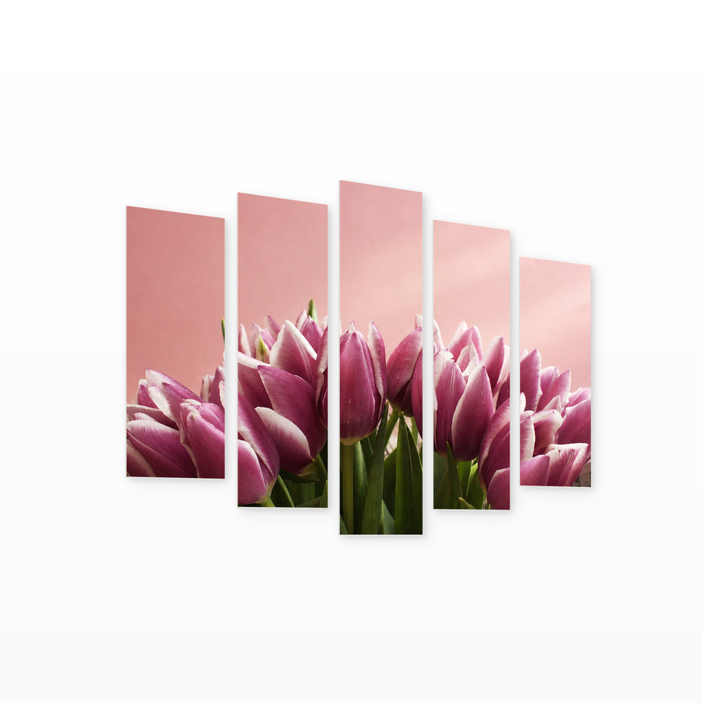 Bouquet of Purple Tulips in Serene Light — five-panel wall art on white background in perspective | 5wallart 55074 M1