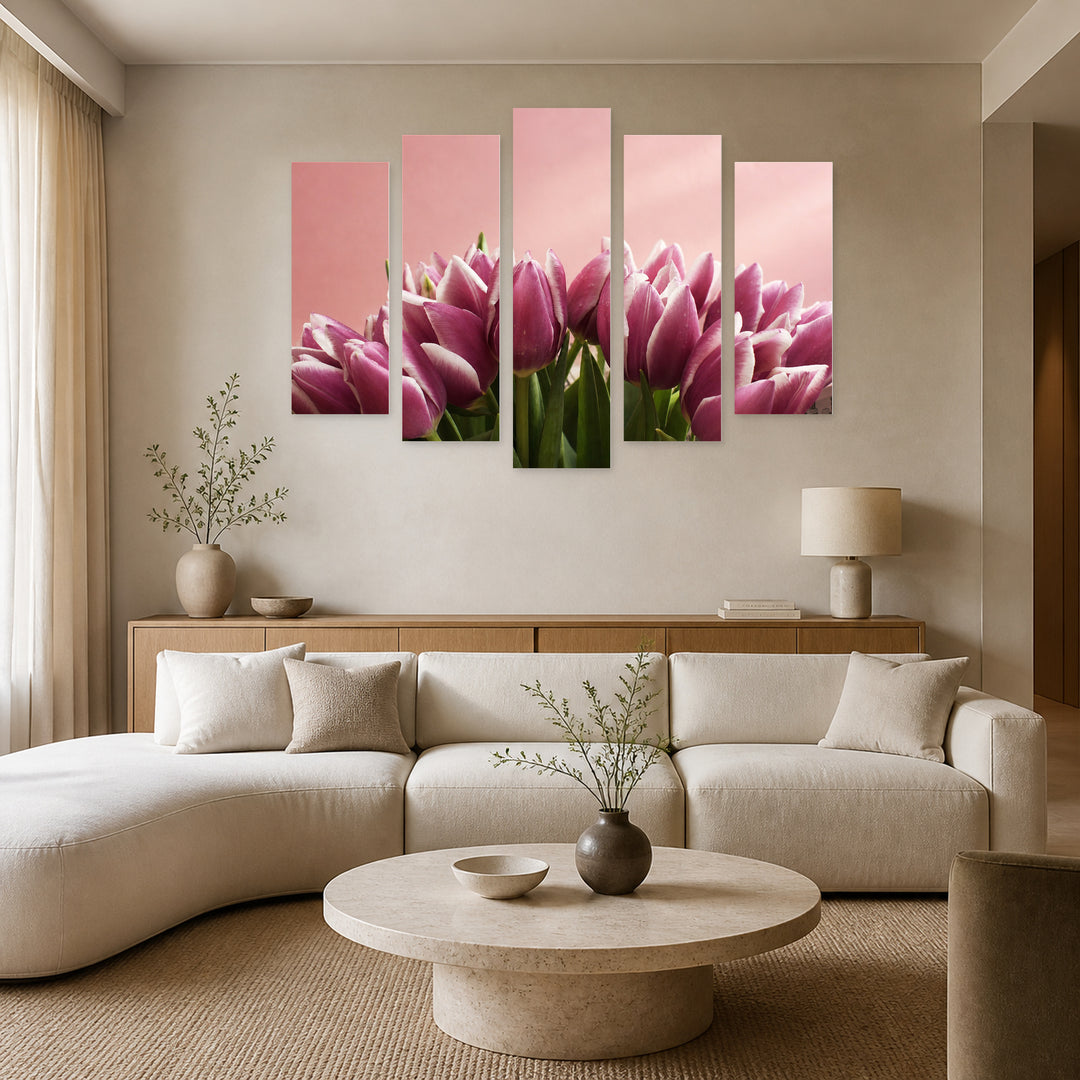 Bouquet of Purple Tulips in Serene Light — five-panel wall art in alternate frontal interior | 5wallart 55074 M4